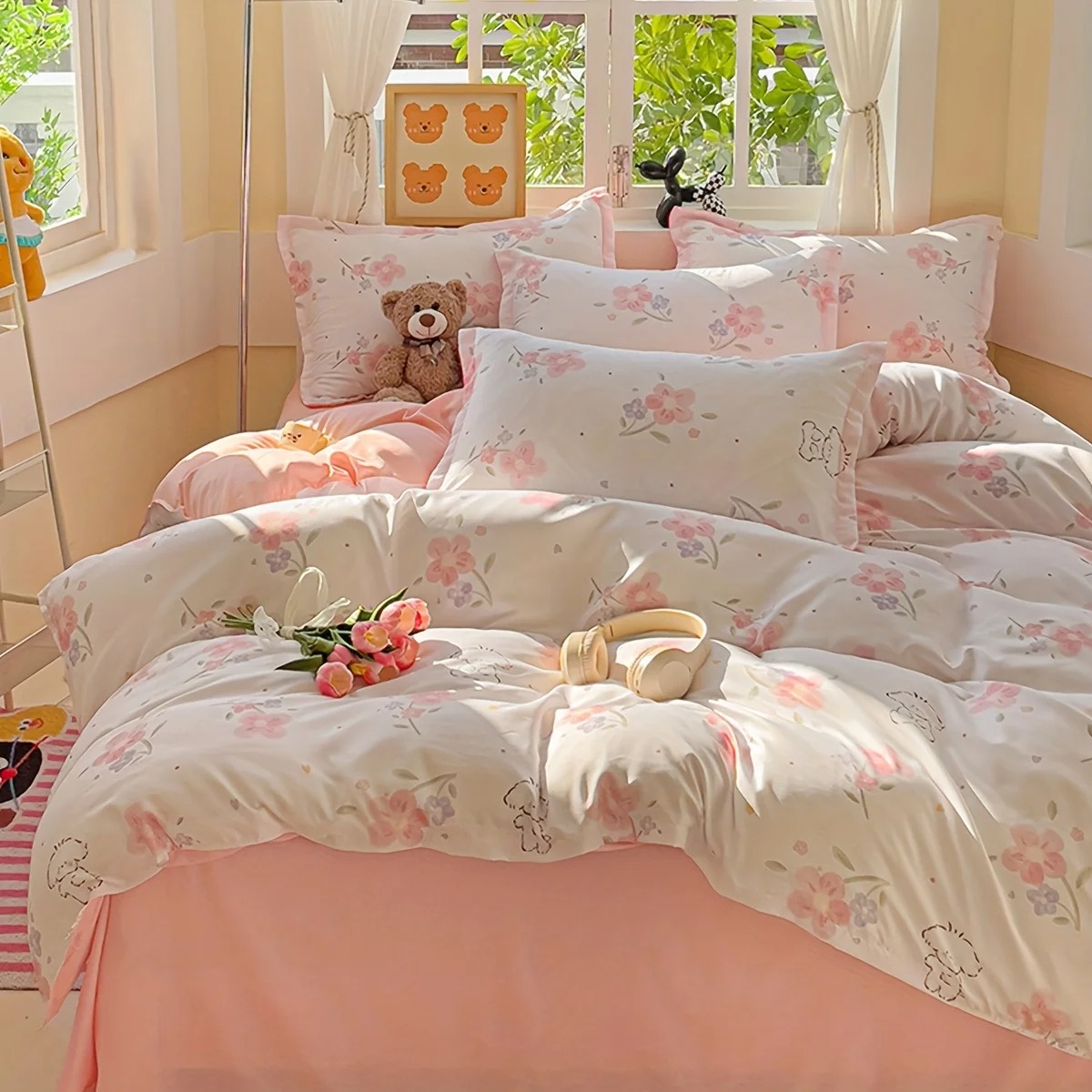 Duvet Cover Sets With Zipper - 4 Parça Yumuşak Sade Çiçek Desenli