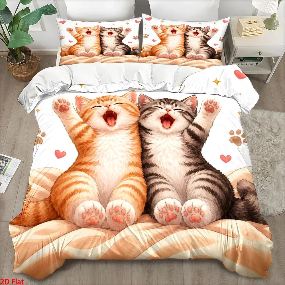 Duvet Cover Sets With Zipper - 3 Parça Sevimli Kedi Desenli Nevresim