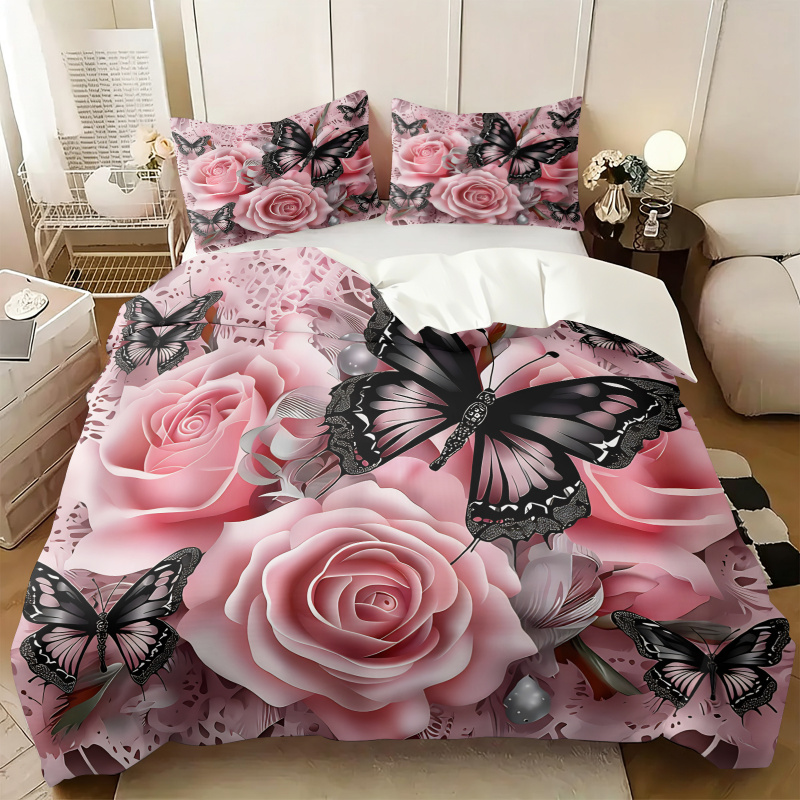 Aesthetic Floral Duvet Cover - Pembe Gül Siyah Kelebek Baskı Nevresim
