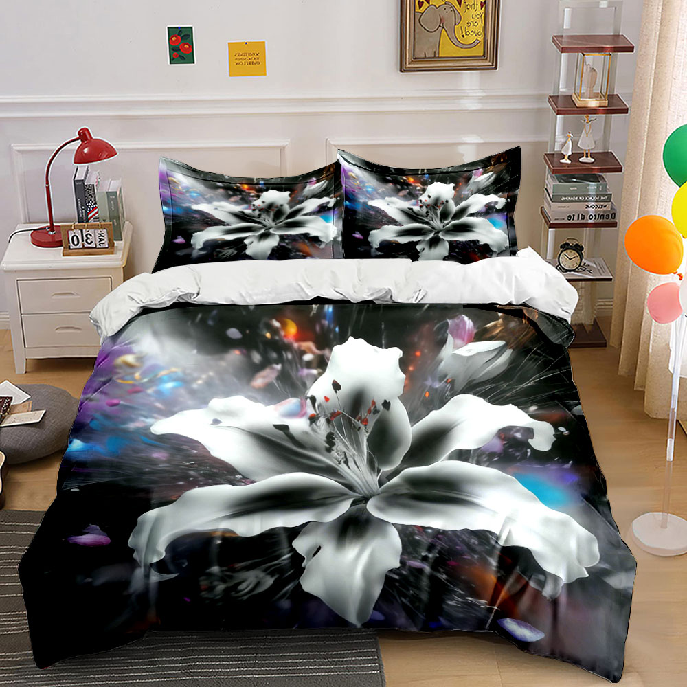 Aesthetic Floral Duvet Cover - Soyut Beyaz Zambak Çiçekli Nevresim Takımı