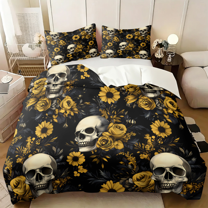 Aesthetic Floral Duvet Cover - Koyu Estetik Kafatası Sarı Çiçekli Nevresim