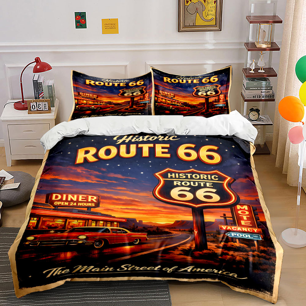 Duvet Cover Sets With Zipper - Nostaljik Gece Route 66'da Desenli Nevresim