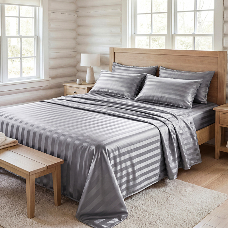 Fitted Bed Sheets Deep Pocket - Kırışmaz Çizgili Saten Çarşaf Seti, Serinletici