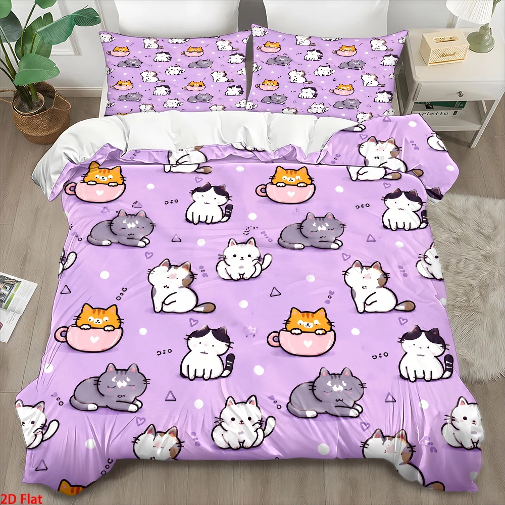 Duvet Cover Sets With Zipper - 3 Parça Sevimli Kedi Desenli Nevresim