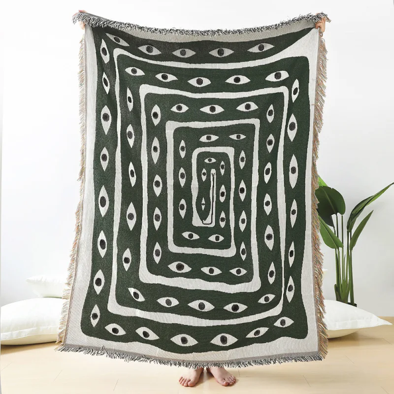 Boho Throw Blanket Fringe - Yeşil Beyaz Nazar Boncuklu Jakarlı Battaniye