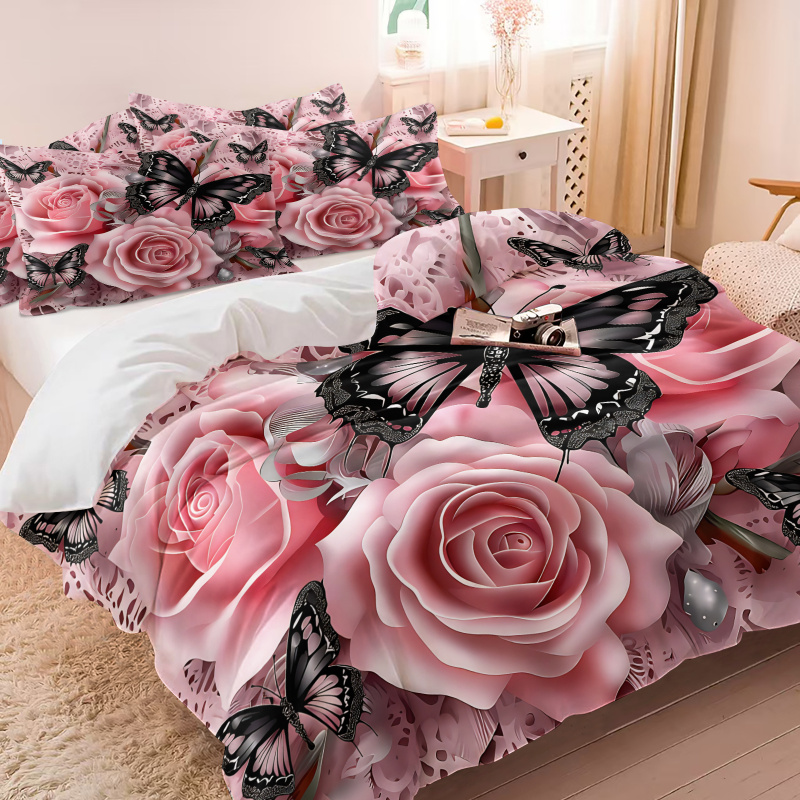 Pembe Gül Siyah Kelebek Baskı  - Aesthetic Floral Duvet Cover incelemesi ve fiyatı