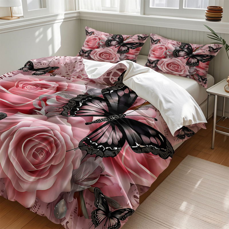 Pembe Gül Siyah Kelebek Baskı  - Aesthetic Floral Duvet Cover incelemesi ve fiyatı