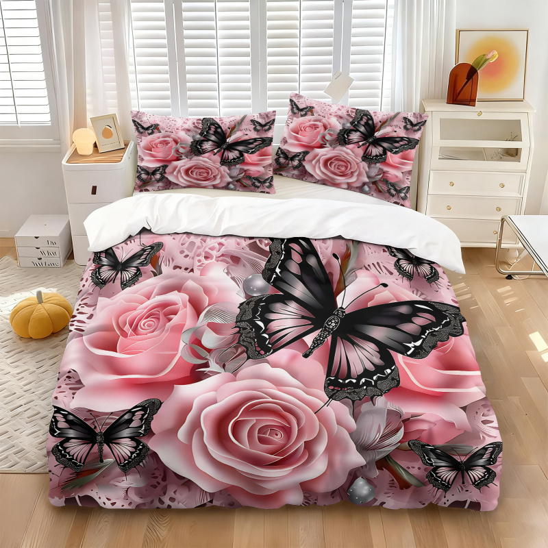 Pembe Gül Siyah Kelebek Baskı  - Aesthetic Floral Duvet Cover incelemesi ve fiyatı